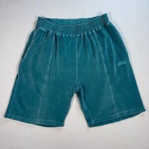 Stussy St Velour 9" Shorts Mens M Teal Embroidered Logo Pockets Y2K Lounge *HOLE